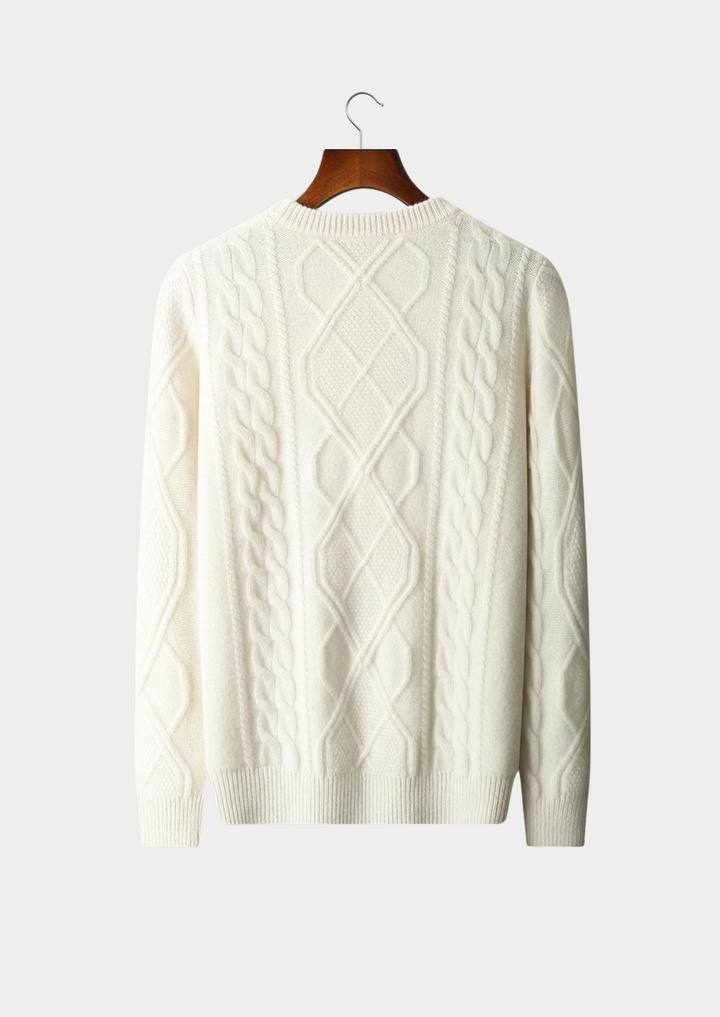 Cozy men's cable knit crew neck sweater. Perfect winter fashion for a casual yet classic look.