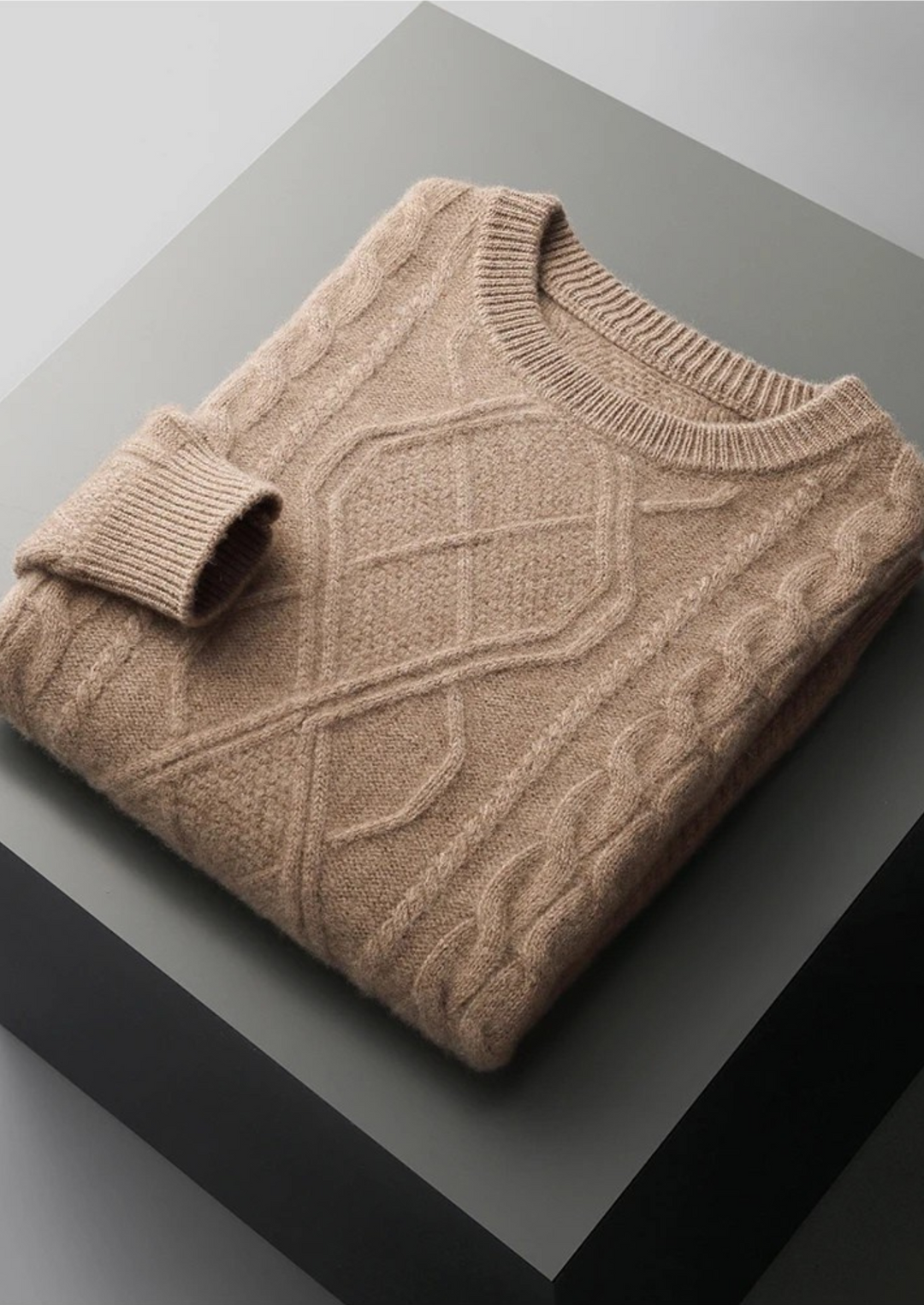Warm men's cable knit crew neck sweater. A comfortable and cozy knit for any winter outfit.