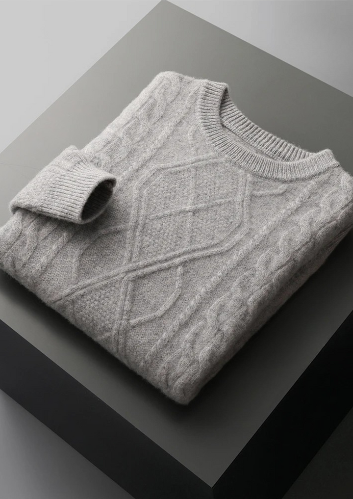 Premium men's cable knit crew neck sweater. Essential for cozy comfort and winter layering.
