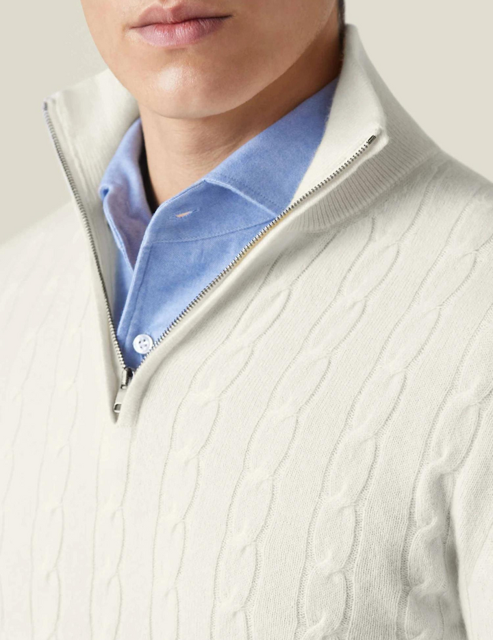 Cozy cable-knit quarter-zip men's sweater, a comfortable smart casual pullover.