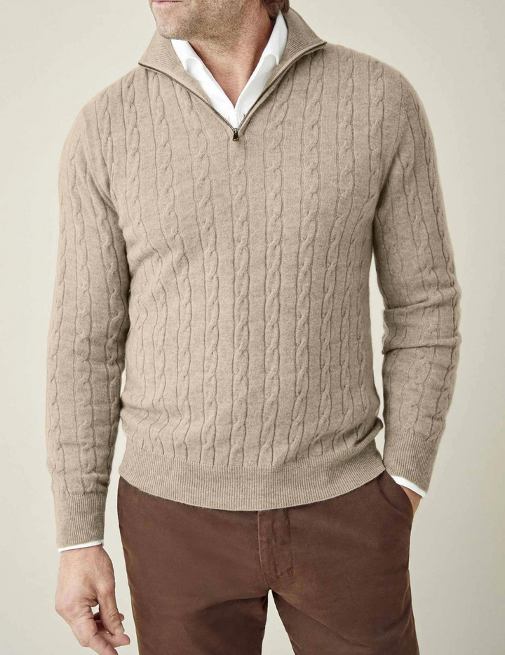 Versatile men's cable-knit quarter-zip sweater, great for layering or standalone.