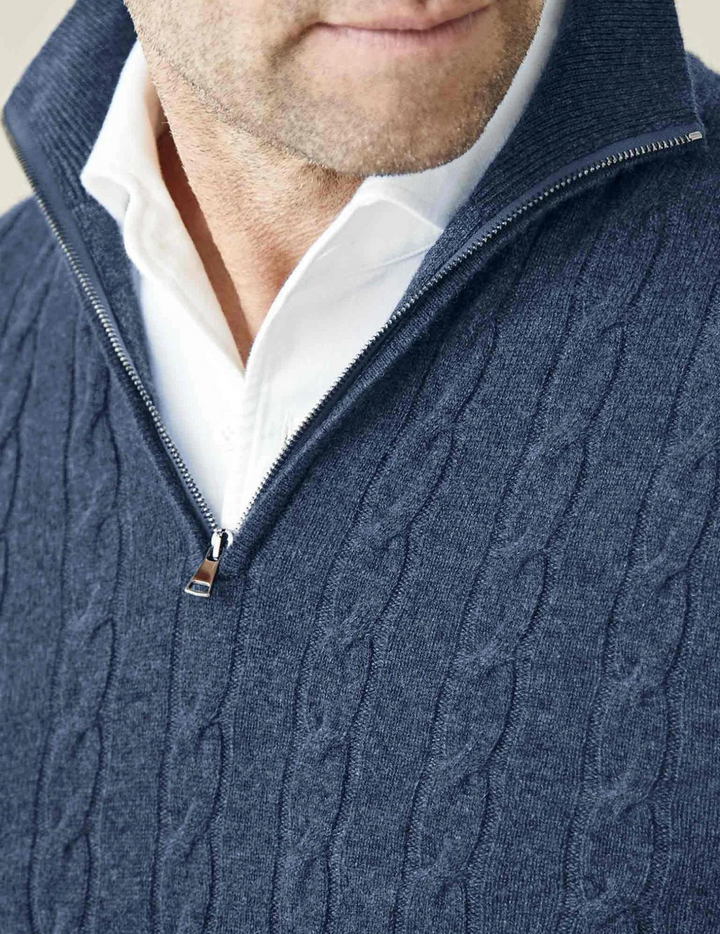 Smart casual men's cable-knit quarter-zip sweater, perfect for fall fashion.