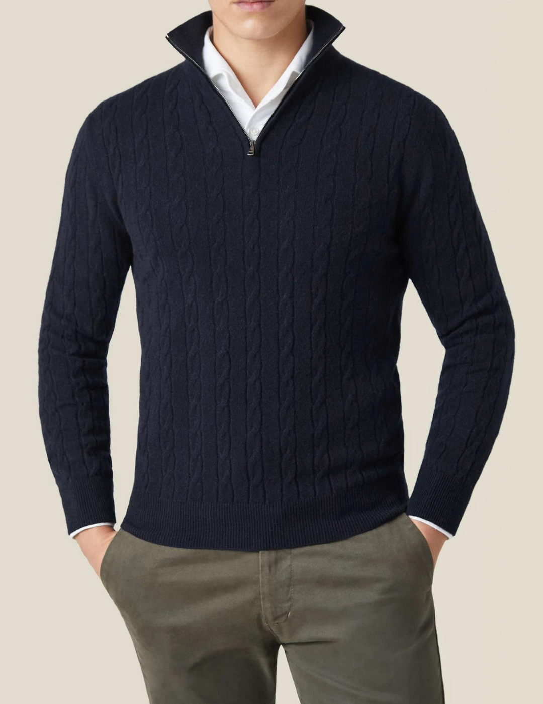 Textured cable-knit men's quarter-zip pullover, timeless style and cozy comfort.