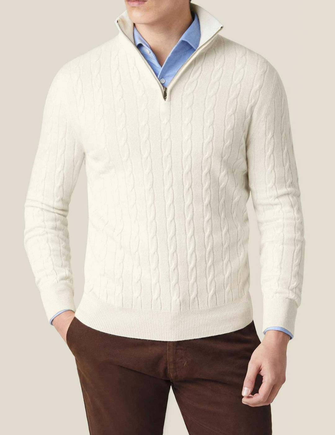 Men's cable-knit quarter-zip sweater, ideal for winter layering and warmth.
