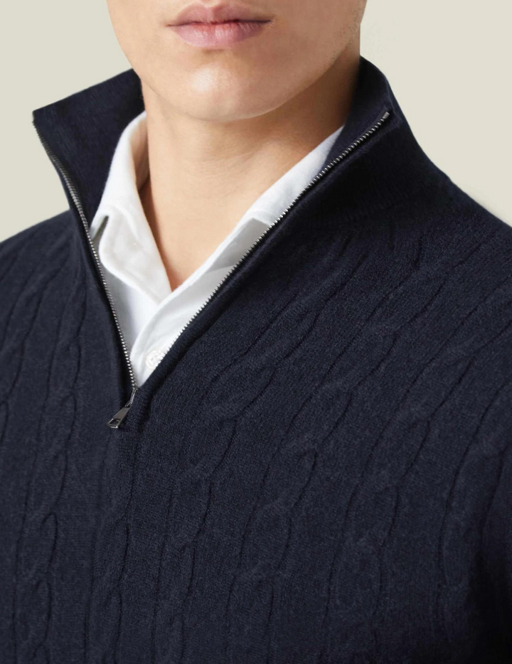 Funnel neck men's cable-knit quarter-zip sweater, a stylish knitwear choice.