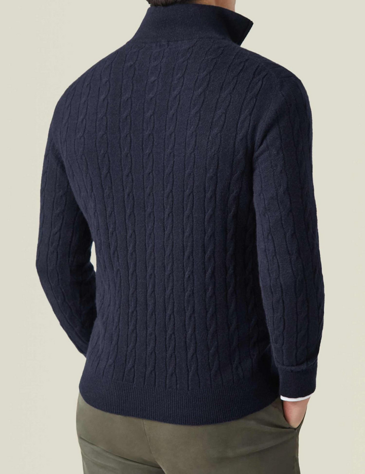 Mens fashion cable-knit quarter-zip pullover, a smart casual staple.