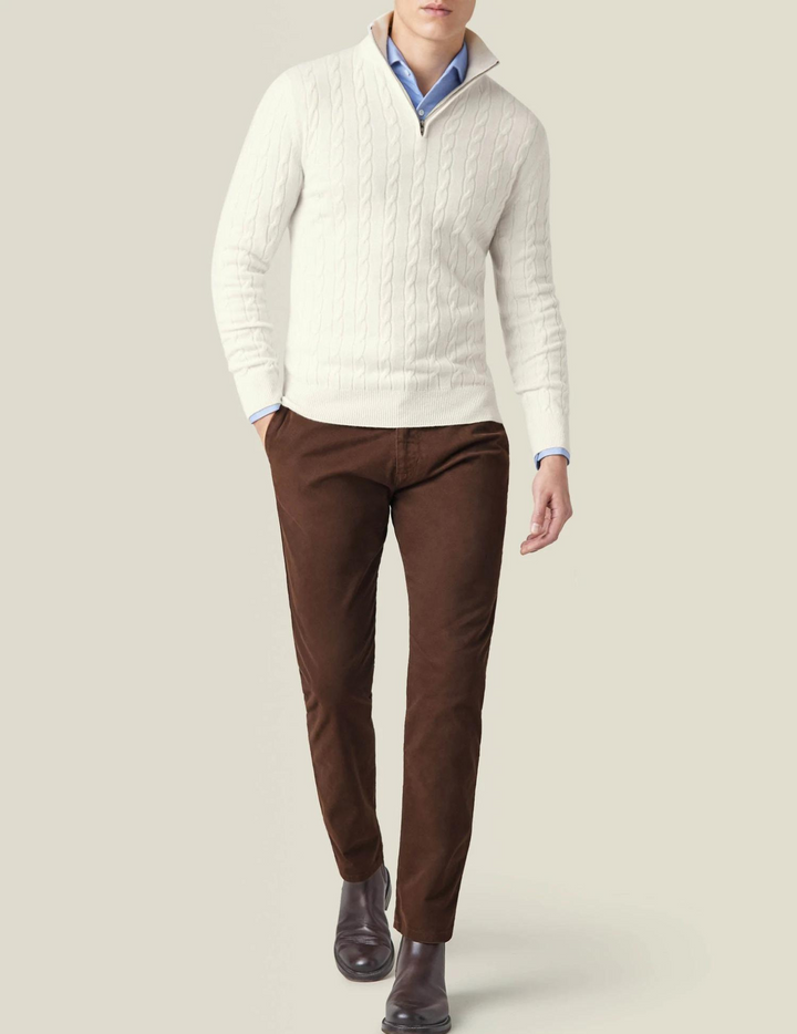 Fall fashion men's cable-knit quarter-zip sweater, perfect for crisp weather.