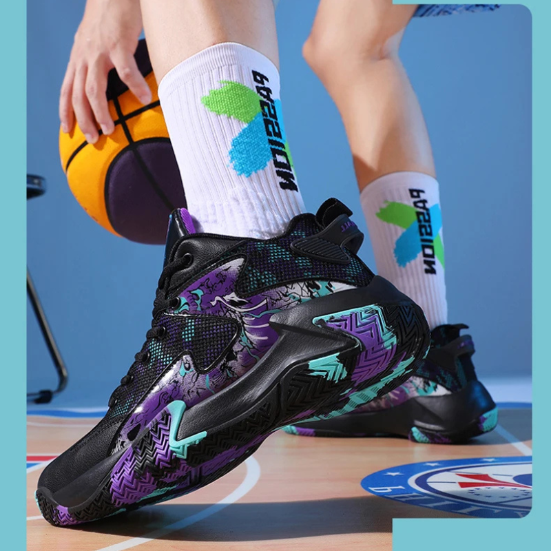 Men's performance basketball shoes, bold graphic design, strong grip for dynamic movements.