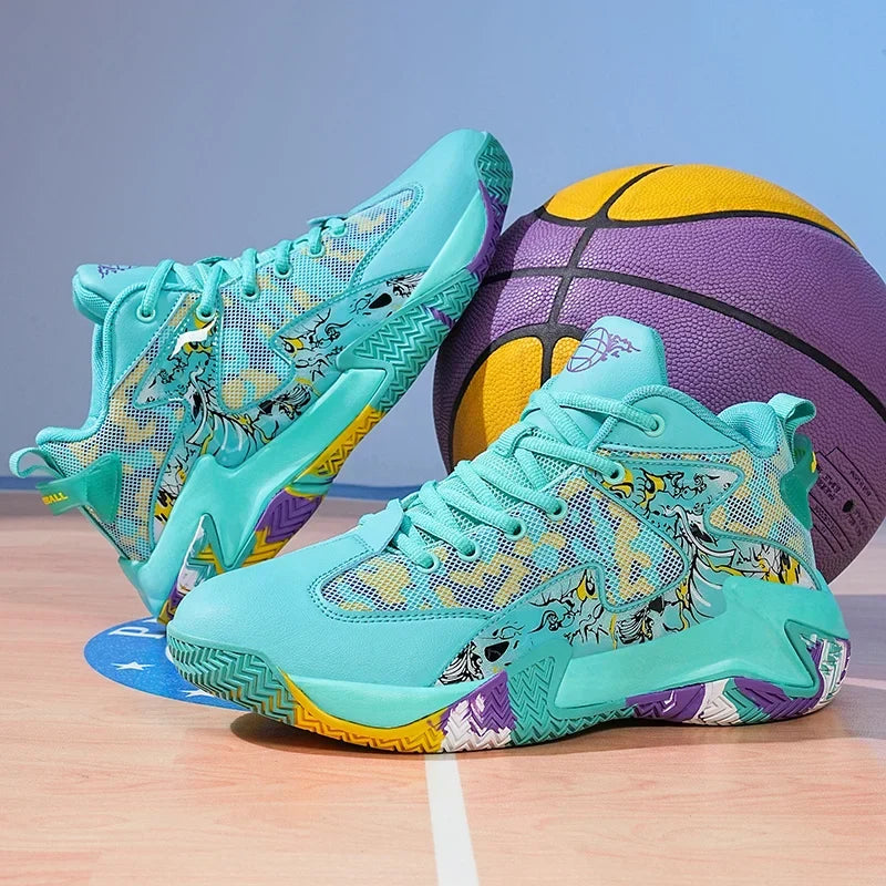 Athletic men's high-top court shoes, graphic print detail, engineered for ultimate performance.