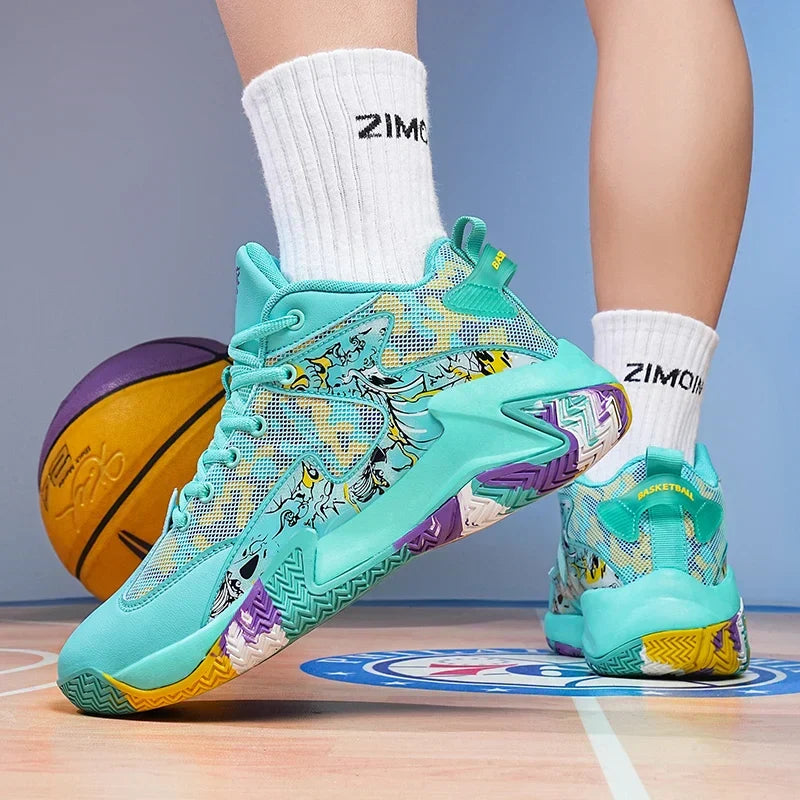 Men's activewear graphic print trainers, durable sole, high-top for ankle stability.