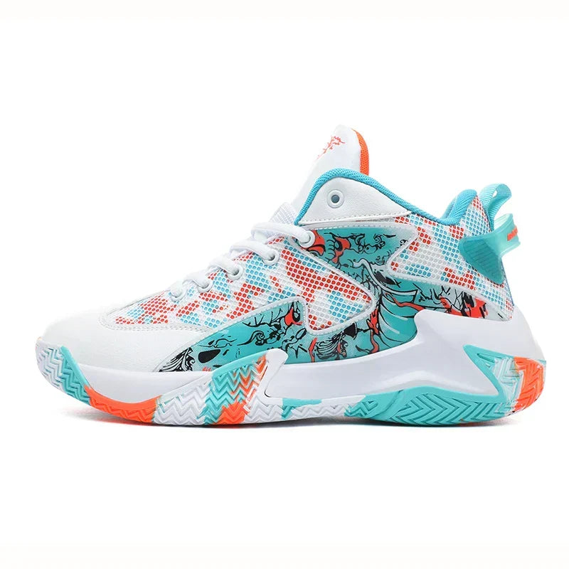 Performance men's graphic print high-top athletic shoes, durable grip for dynamic court play.