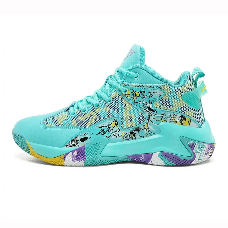 Men's high-top basketball shoes, vibrant graphic print, designed for agile performance.