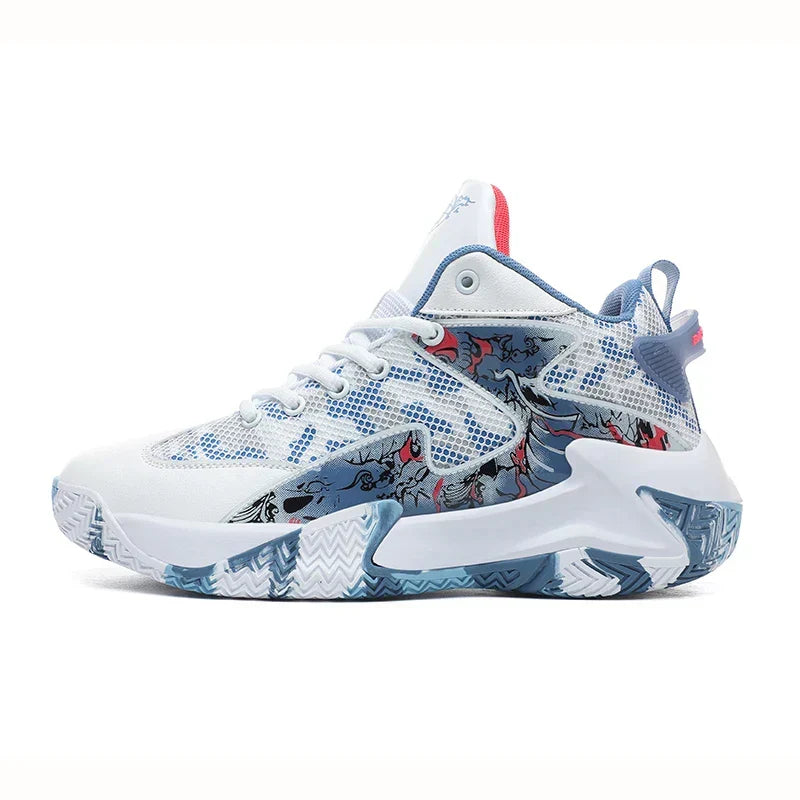 Durable men's court trainers, graphic print, ankle support, excellent grip for dynamic play.