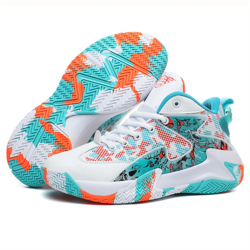 Athletic men's graphic print basketball shoes with ankle support and performance features.