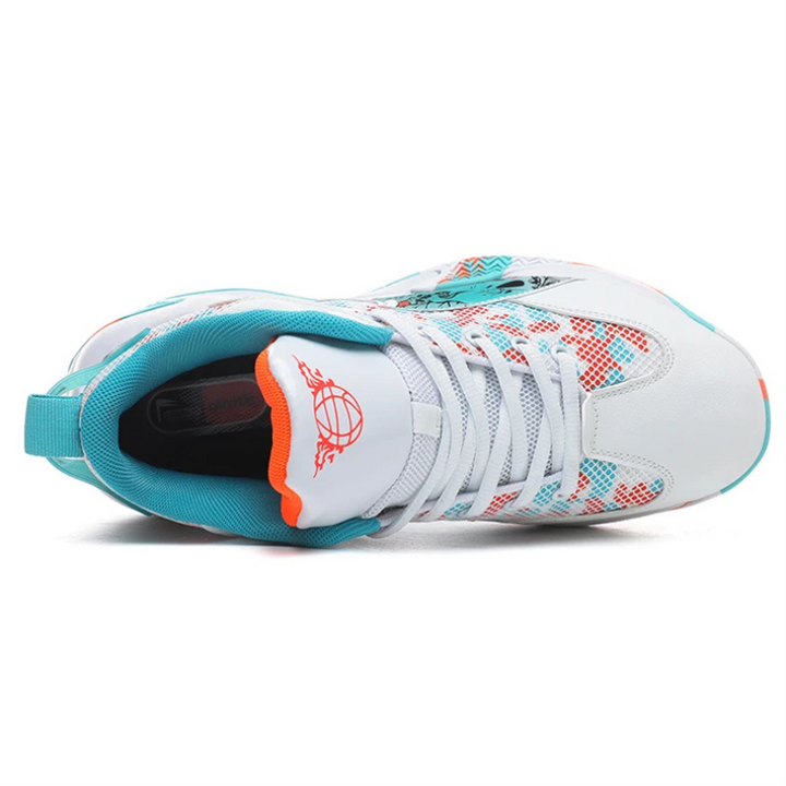 Stylish men's court trainers, high-top design, vibrant graphic print, activewear fashion.