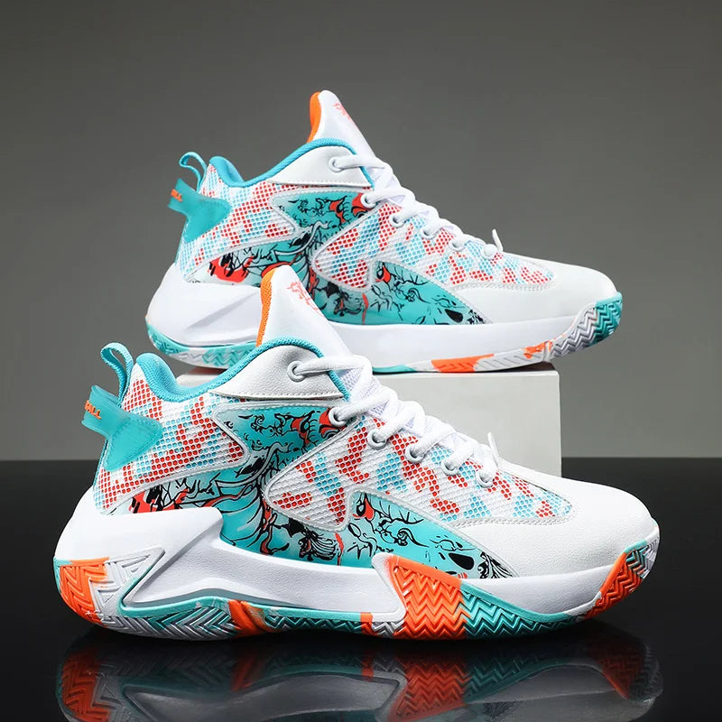 Bold graphic men's basketball shoes, high-top design, offering superior ankle support & grip.