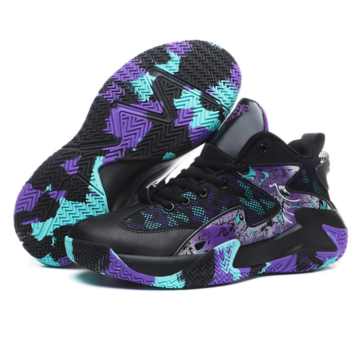 High-top men's sports footwear, graphic print court sneaker, durable for intense play.