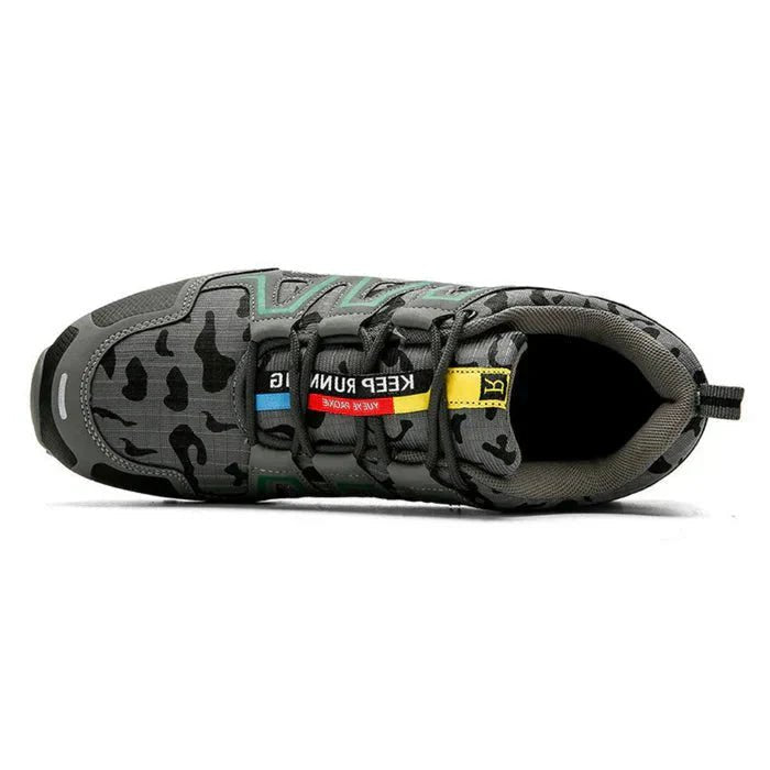 Supportive men's camo sneakers featuring a cushioned sole, arch support, and durable traction.
