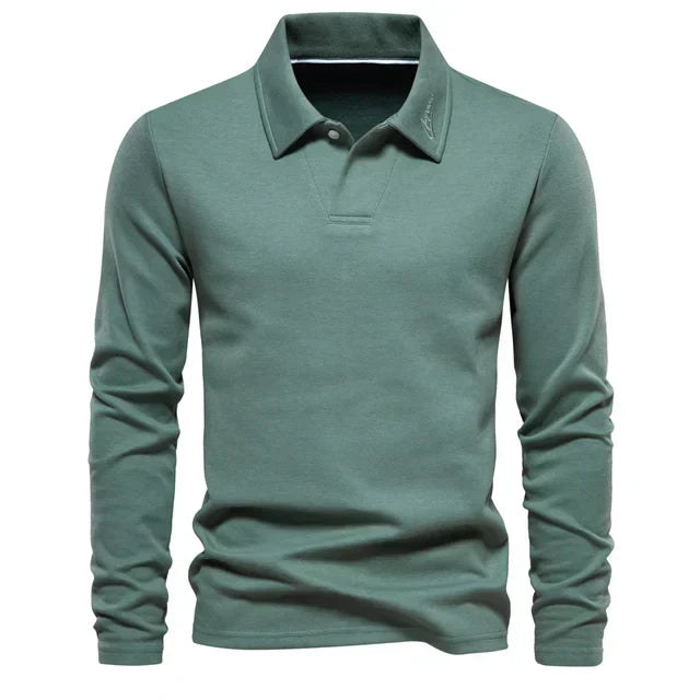 Sophisticated men's long-sleeve turn-down collar polo, offering comfort & style for office and casual wear.