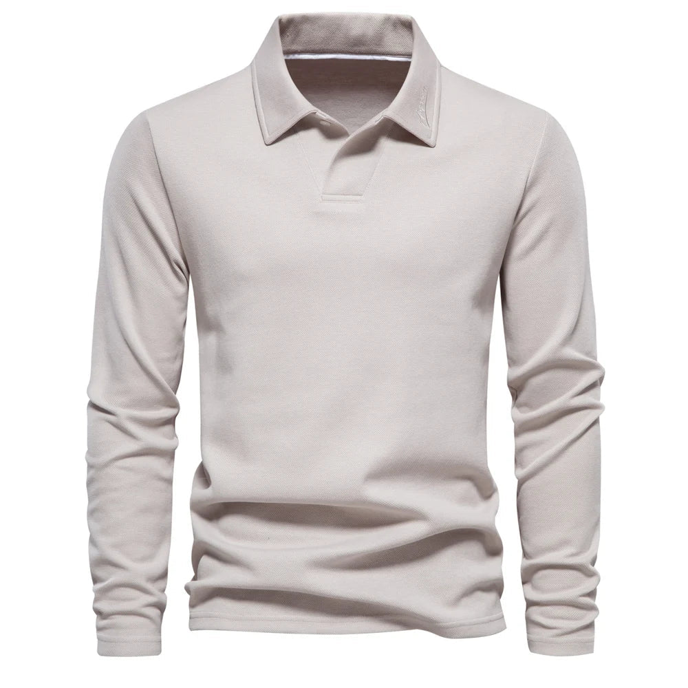 Versatile men's long-sleeve polo with classic turn-down collar, ideal for casual and everyday fashion.