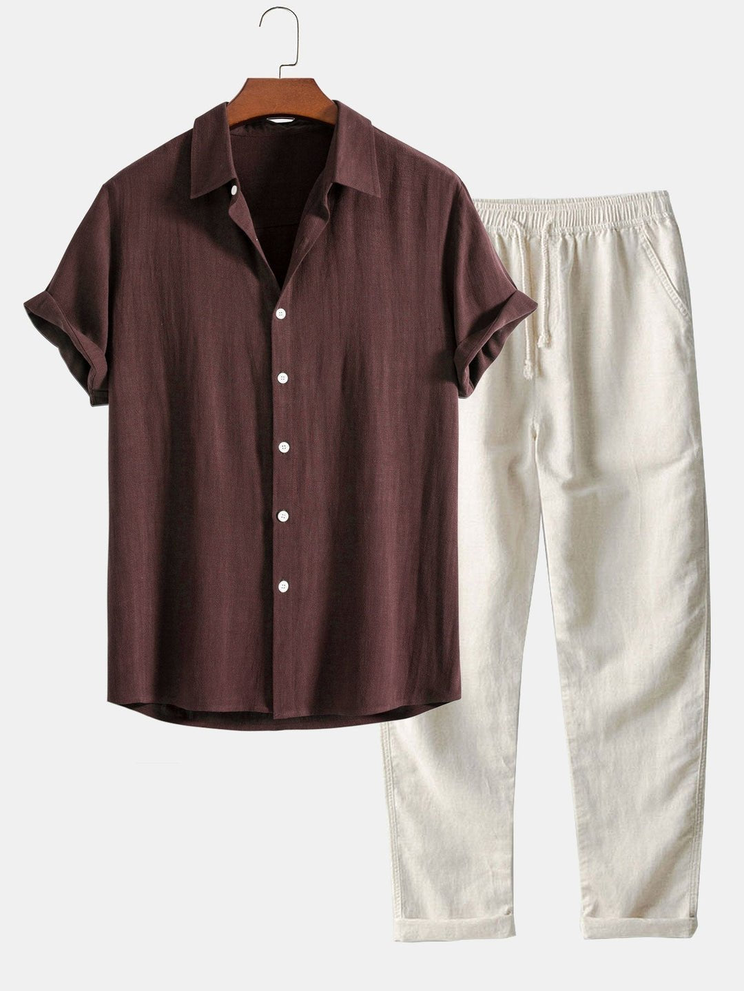 Stylish men's band collar shirt and matching relaxed fit trousers. Perfect casual outfit set for summer.