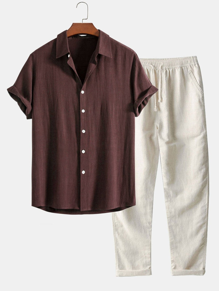 Stylish men's band collar shirt and matching relaxed fit trousers. Perfect casual outfit set for summer.