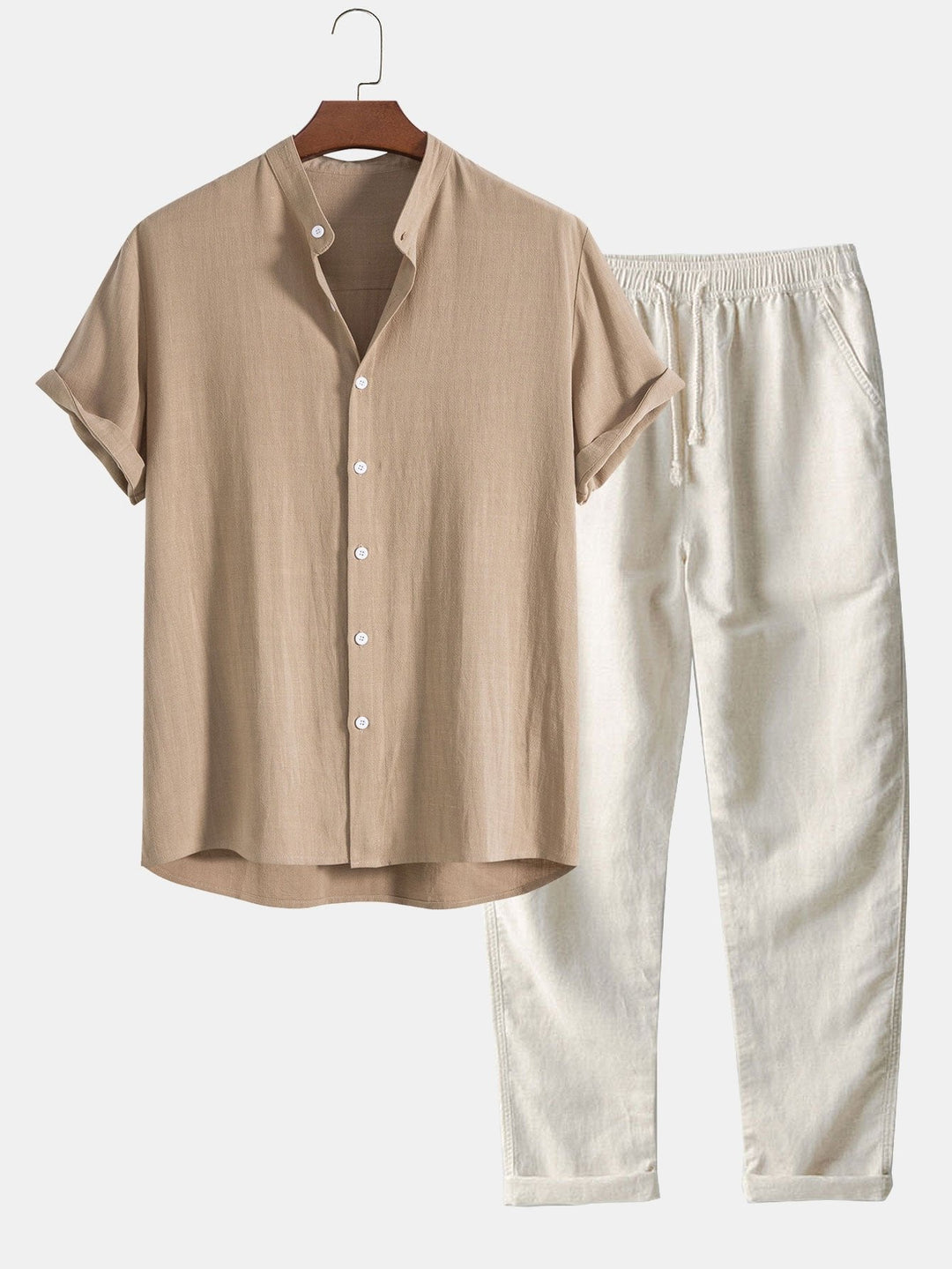 Close-up of the band collar shirt from the men's co-ord set, highlighting casual style & comfort.
