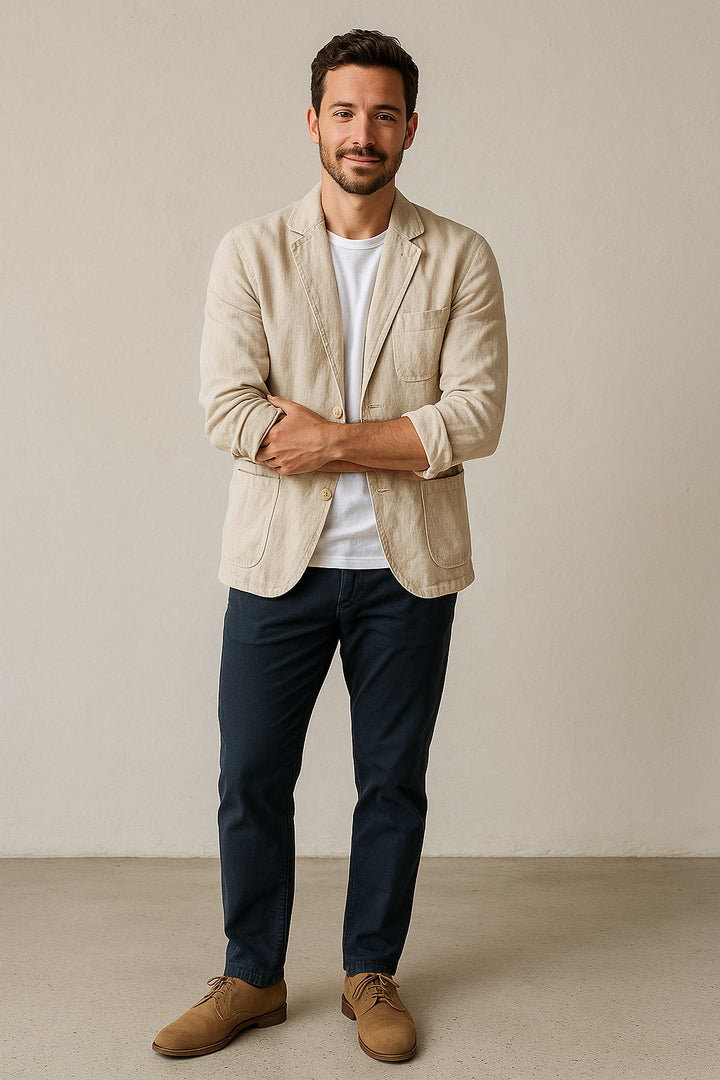 Men's casual beige blazer with notched lapel & two buttons. Lightweight for smart-casual spring/summer style & comfort.