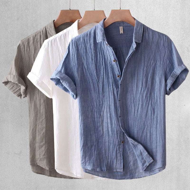 Men's casual crinkle button-down shirt, short sleeve, perfect for stylish summer warm weather.