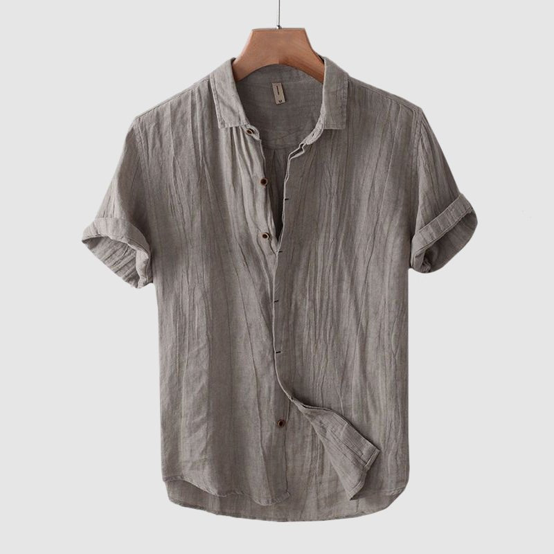 Relaxed fit men's crinkle button-down shirt, short sleeve, lightweight & stylish for summer.