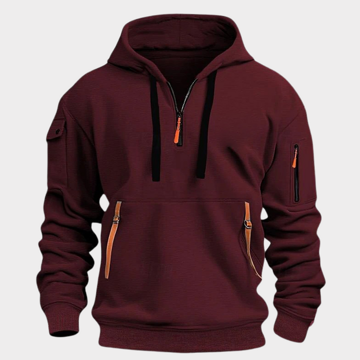 Diego men's half-zip hoodie for urban fashion, offering comfort & secure zippered pockets.