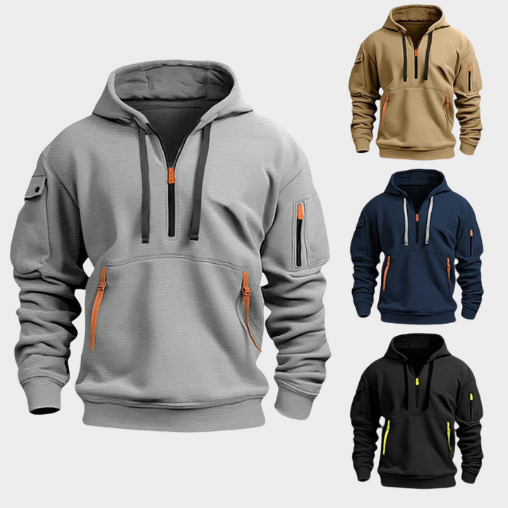 Comfortable men's activewear half-zip pullover hoodie with practical secure pockets.
