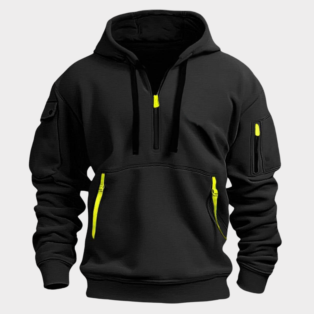 Stylish men's half-zip hoodie in casual urban style, perfect for activewear & everyday comfort.