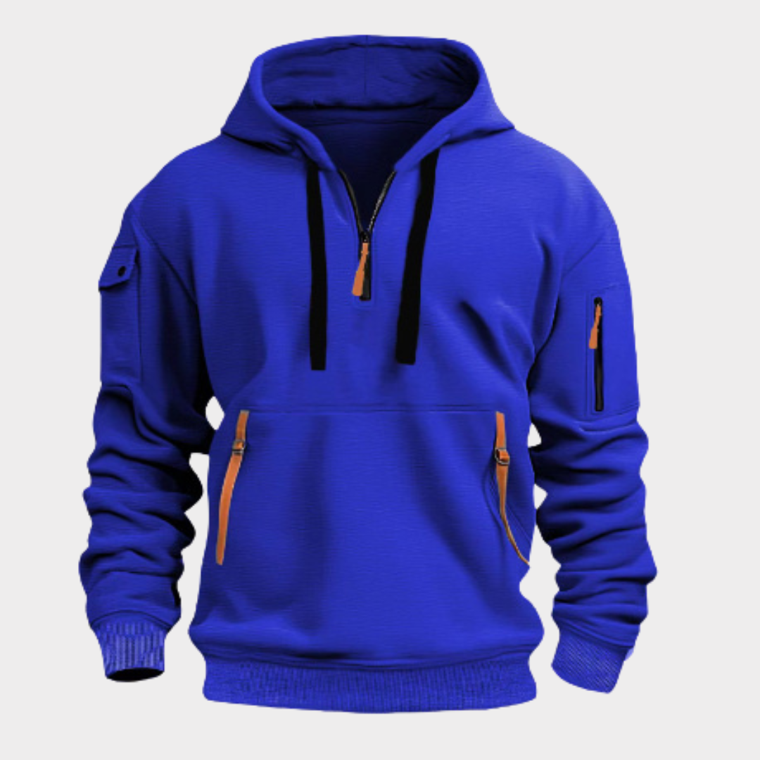 Diego men's half-zip hoodie: a casual pullover with secure zippered pockets for modern fashion.