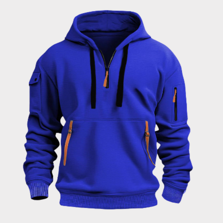 Diego men's half-zip hoodie: a casual pullover with secure zippered pockets for modern fashion.