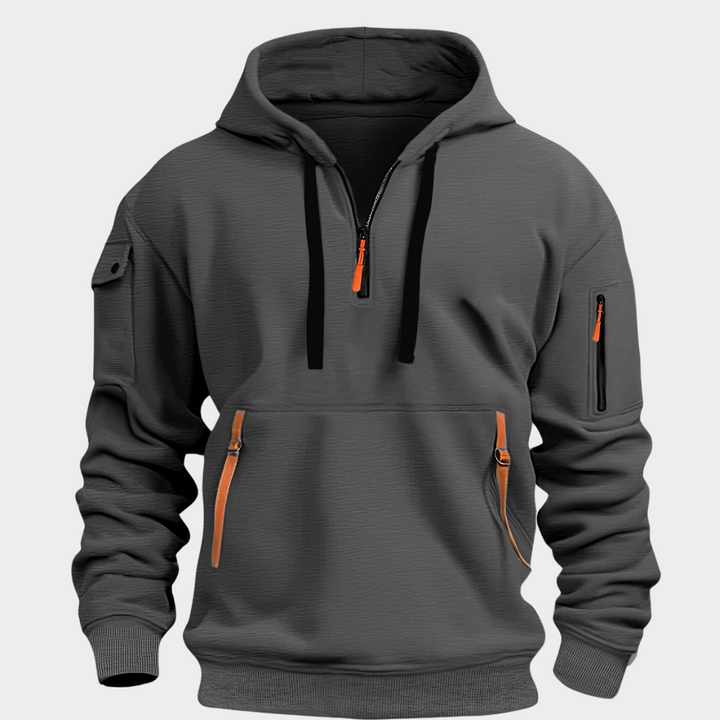 Everyday men's half-zip hoodie, comfortable and practical with secure zippered pockets.