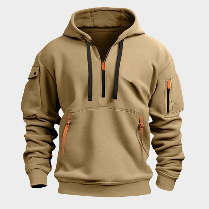 Urban style men's half-zip pullover hoodie, ideal for activewear with secure pockets.
