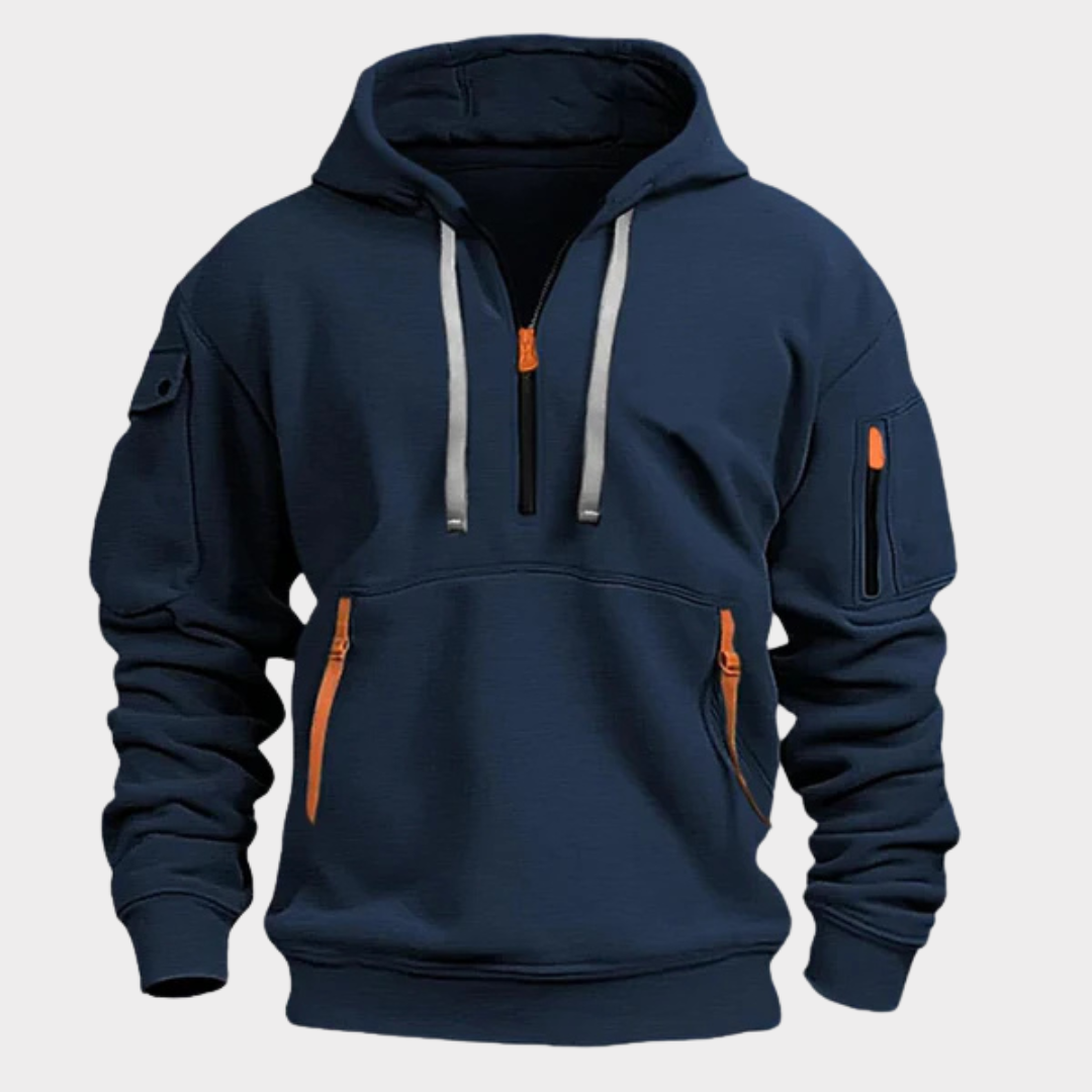 Active men's half-zip hoodie with secure pockets, perfect for casual wear & comfort.