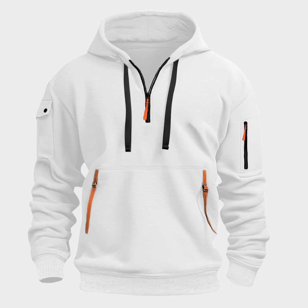 Casual men's pullover hoodie with a half-zip design and convenient secure pockets.