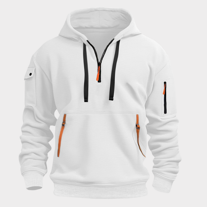 Casual men's pullover hoodie with a half-zip design and convenient secure pockets.