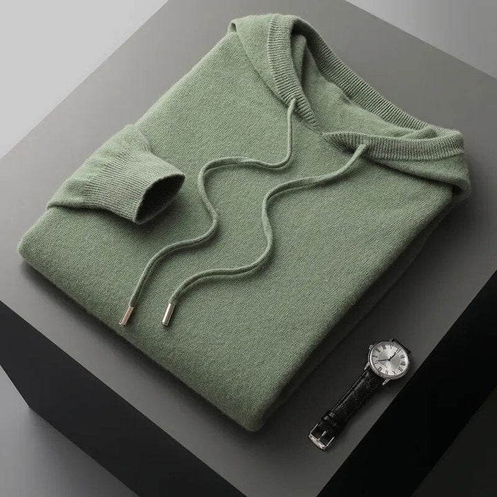 Men's autumn knit hoodie. Stylish pullover sweater with drawstring hood. Perfect for casual layering & winter fashion.