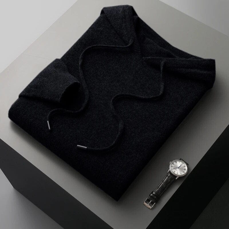 Soft knit men's drawstring hoodie, a comfortable long sleeve pullover sweater. Ideal for relaxed casual everyday wear.