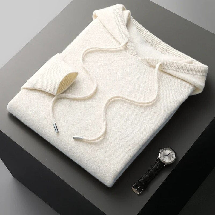 Versatile men's knit hoodie sweater, a casual drawstring pullover. Great for layering in autumn & winter everyday fashion.