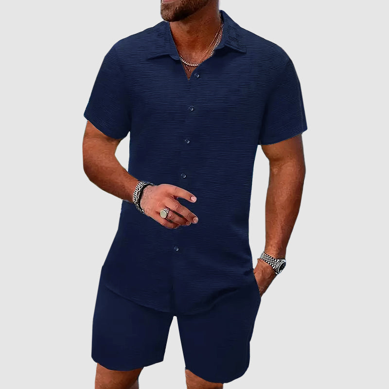 Stylish men's summer linen blend outfit set, including short sleeve shirt & matching shorts. Great for casual wear.
