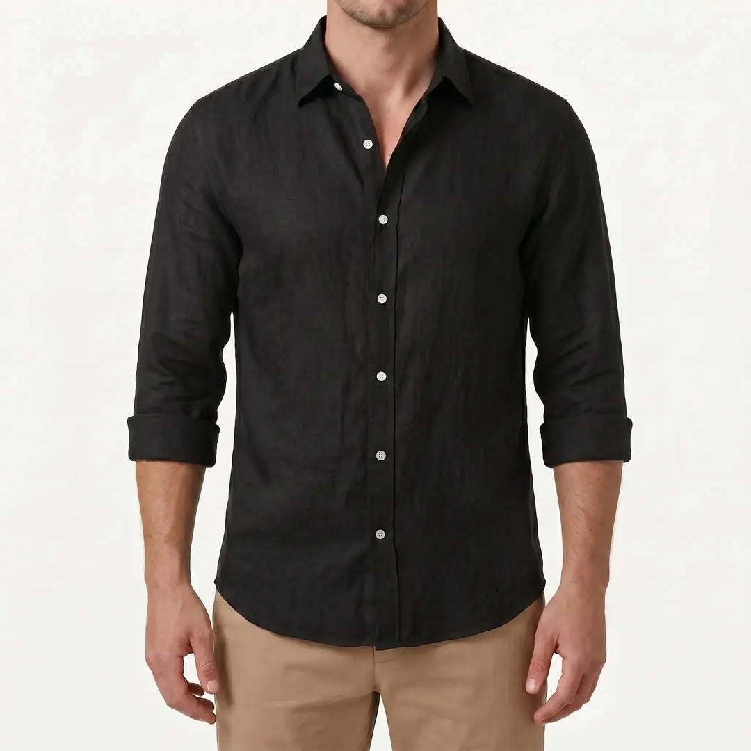 Men's fashion collared button-up, long sleeve, lightweight & relaxed fit for versatile warm-weather styling.