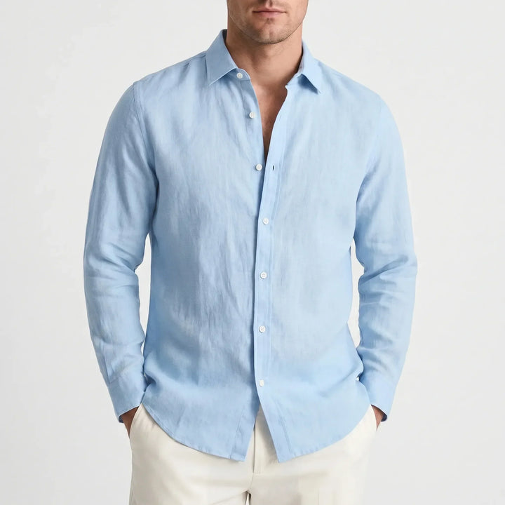 Lightweight men's collared button-up shirt, solid color, perfect for a relaxed summer style.