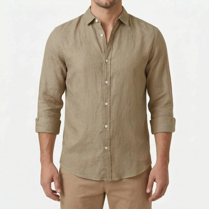 Solid color men's lightweight button-up shirt, collared, perfect casual wear for summer fashion.