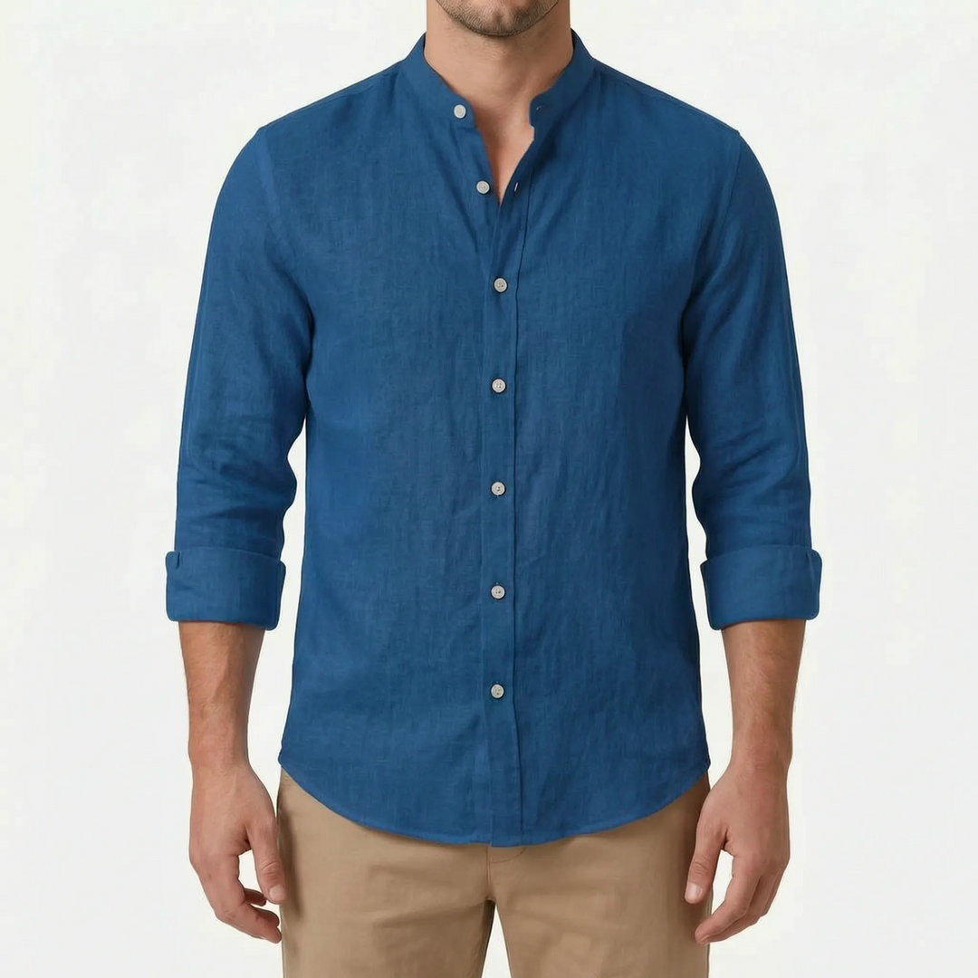 Cool men's casual button-up shirt, solid color, perfect for a relaxed long-sleeve summer look.
