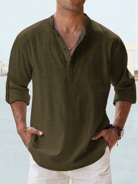 Men's casual long sleeve Henley. Relaxed fit top with a mandarin collar for comfort and style.