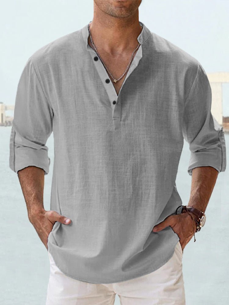 Stylish men's long sleeve Henley shirt, button-down design with a unique mandarin collar. Versatile.